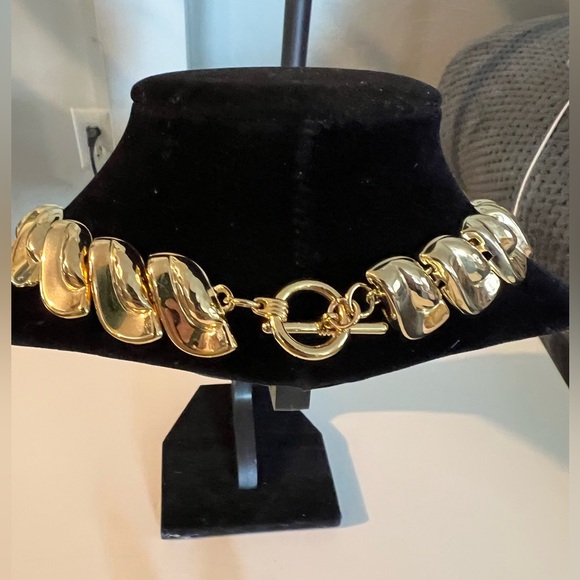 Gold tone choker and earrings. Pierced earrings 2” long, necklace 15”. Shiny. - Picture 6 of 6